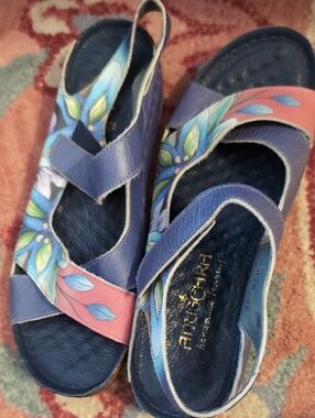 Anuschka Hand-Painted Navy, Pink & Teal Leather Sandals